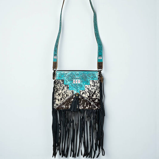 Turquoise jackpot tooled leather & cowhide crossbody bag 