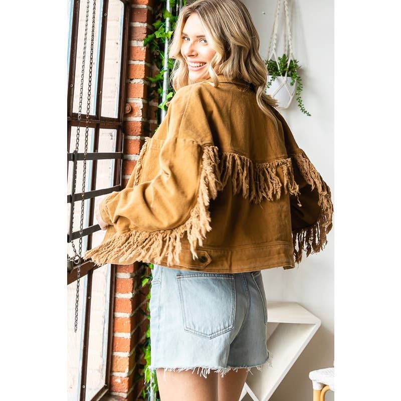 WASHED BUTTON DOWN FRINGE TWILL JACKET: WASHED CAMEL / XS-S-M-L-XL(1-2-2-2-1)