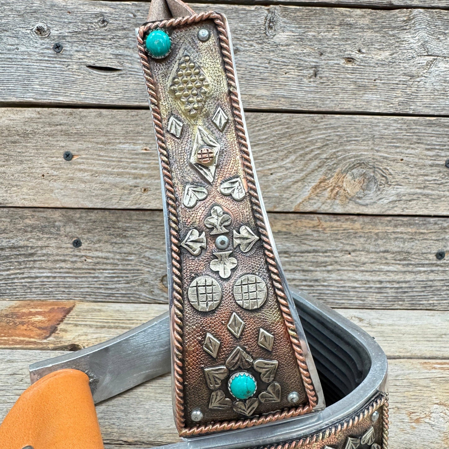 Hand Engraved Copper and Turquoise Barrel Racing Western Stirrups BRS100