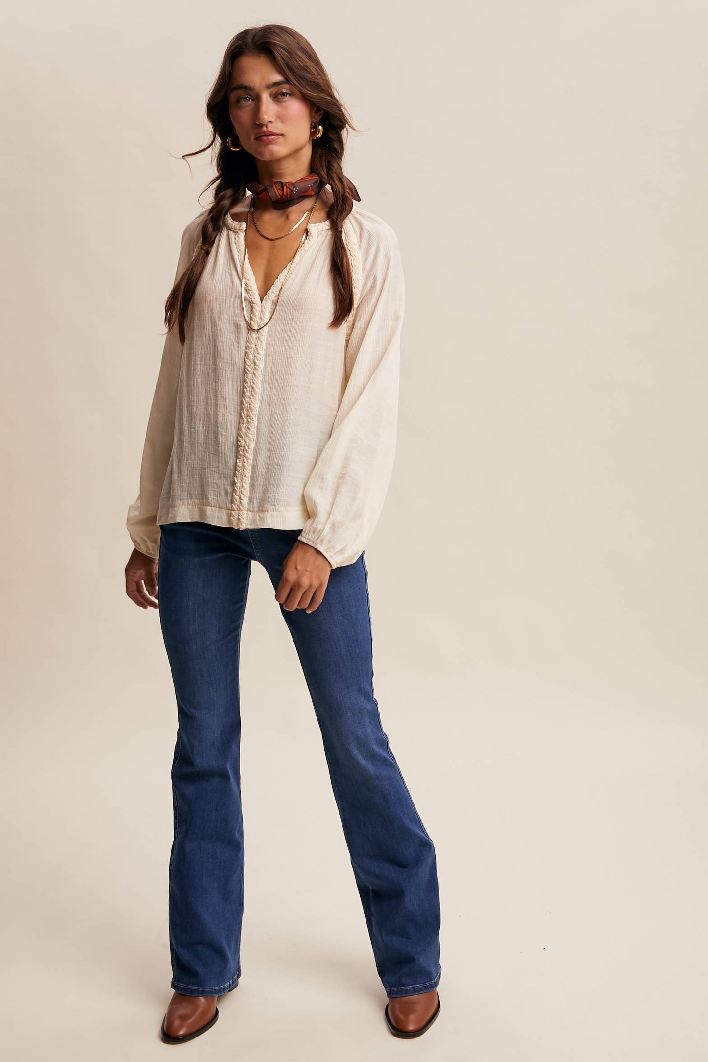 Braided Trim Peasant Blouse LT1447: Ecru / Contemporary / S