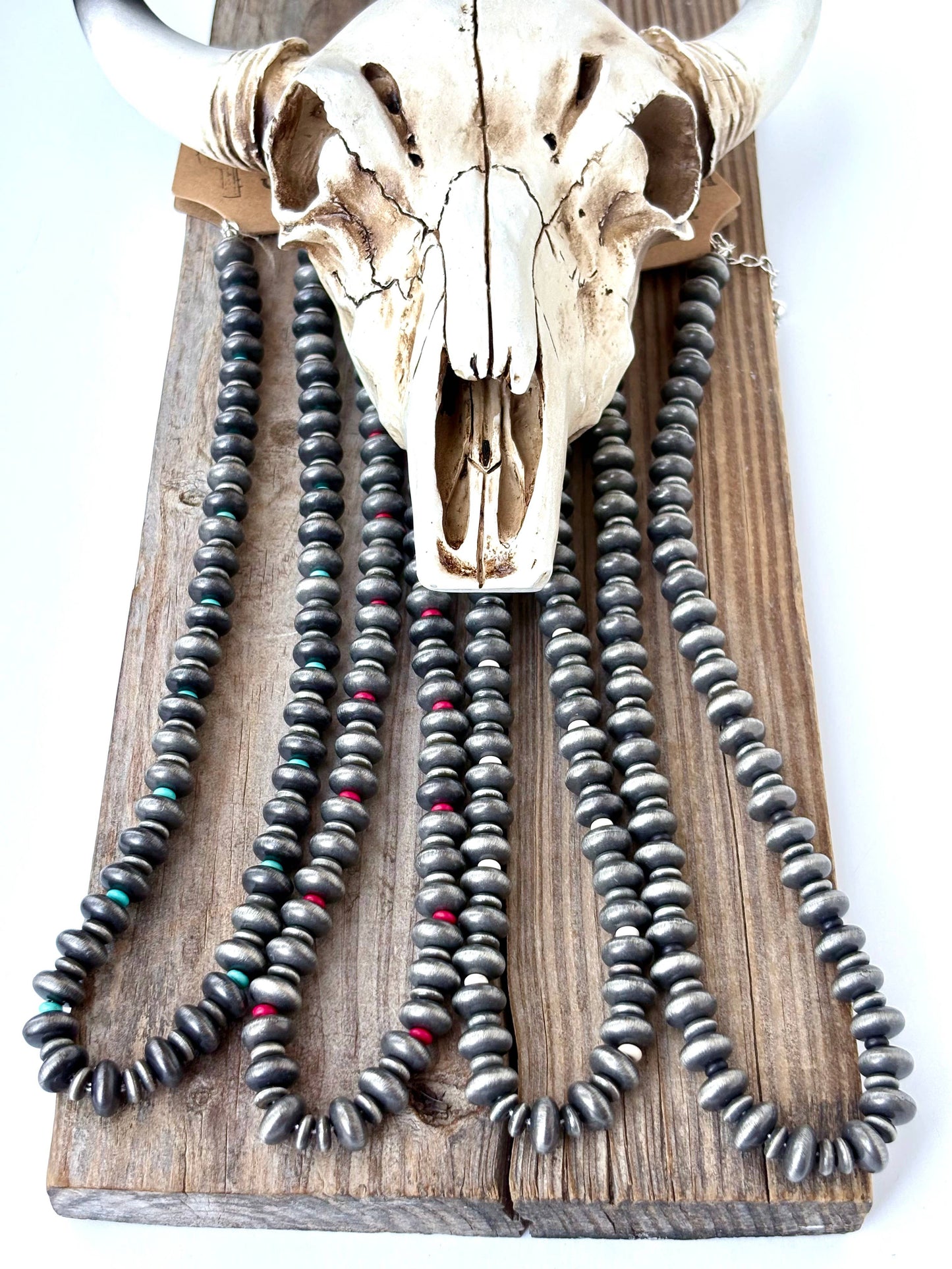 Western Style Flat Navajo Pearl & Stone Beaded Necklace: Black