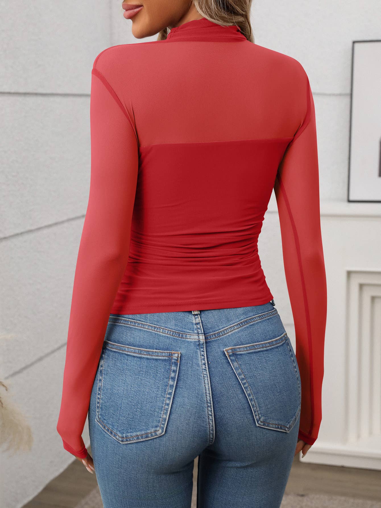 Half High Neck Sheer Long Sleeve Mesh Top: Black / M