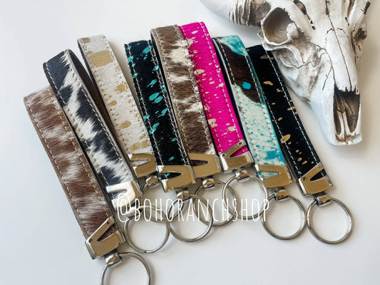 Western Hair On Cowhide Keychain: White + Gold Specs