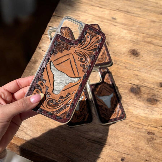 Bull cowhide & tooled iPhone case : 15 plus