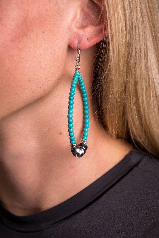 3.5" Green Beaded Hoop Earring with Silver Disc Accents