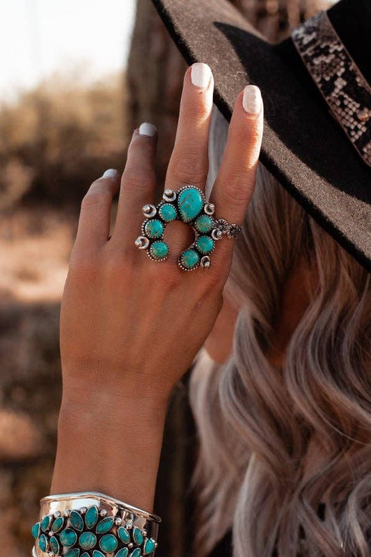 Squash Blossom Horseshoe Sterling Silver Ring | Multiple Stone Options!: Adjustable / Turquoise