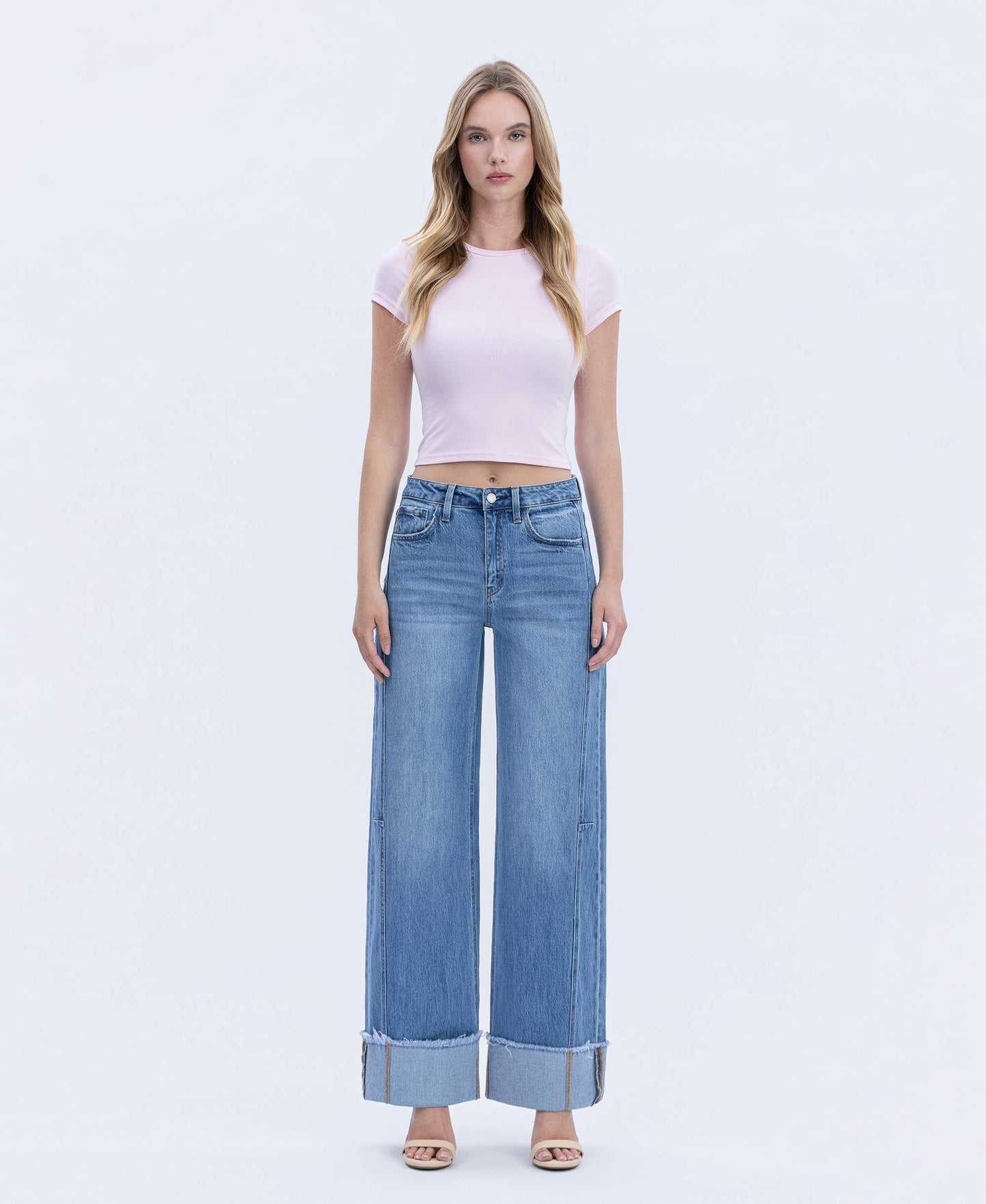 HIGH RISE MEDIUM WASH CUFFED WIDE JEANS T6684: ADORE YOU / 29