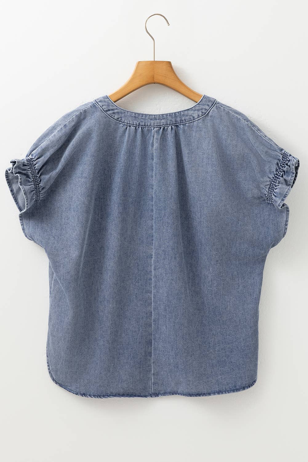 V Neck Ruffled Short Puff Sleeve Denim Top: Blue / XL