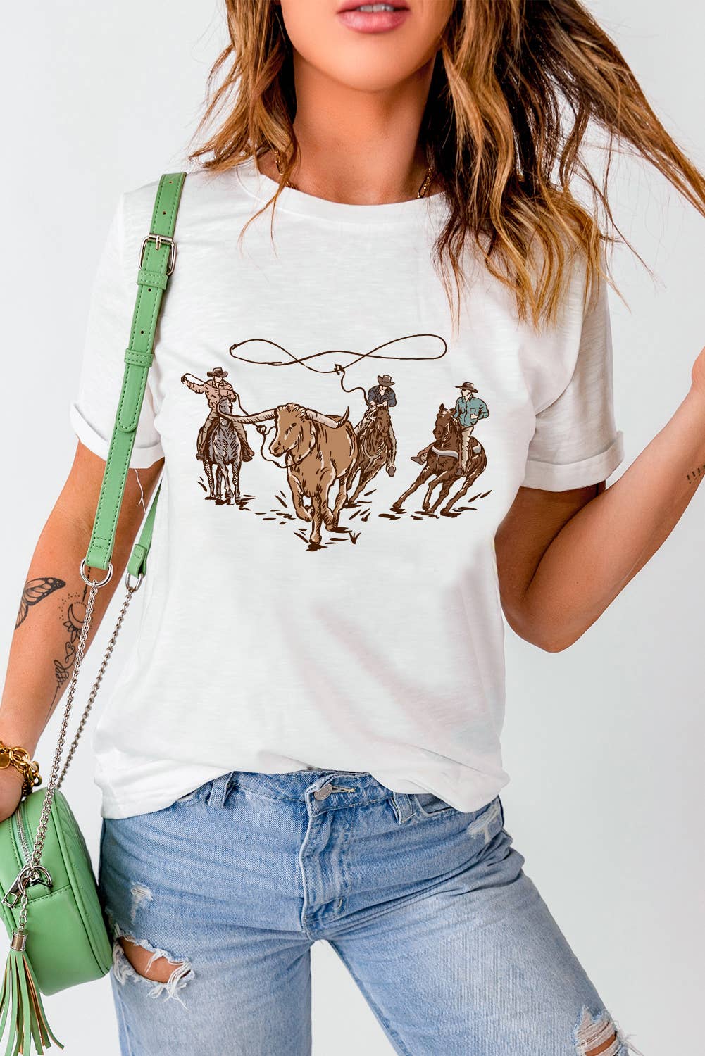 White Retro Cowboy Roping Cotton Blend Graphic Tee: White / M