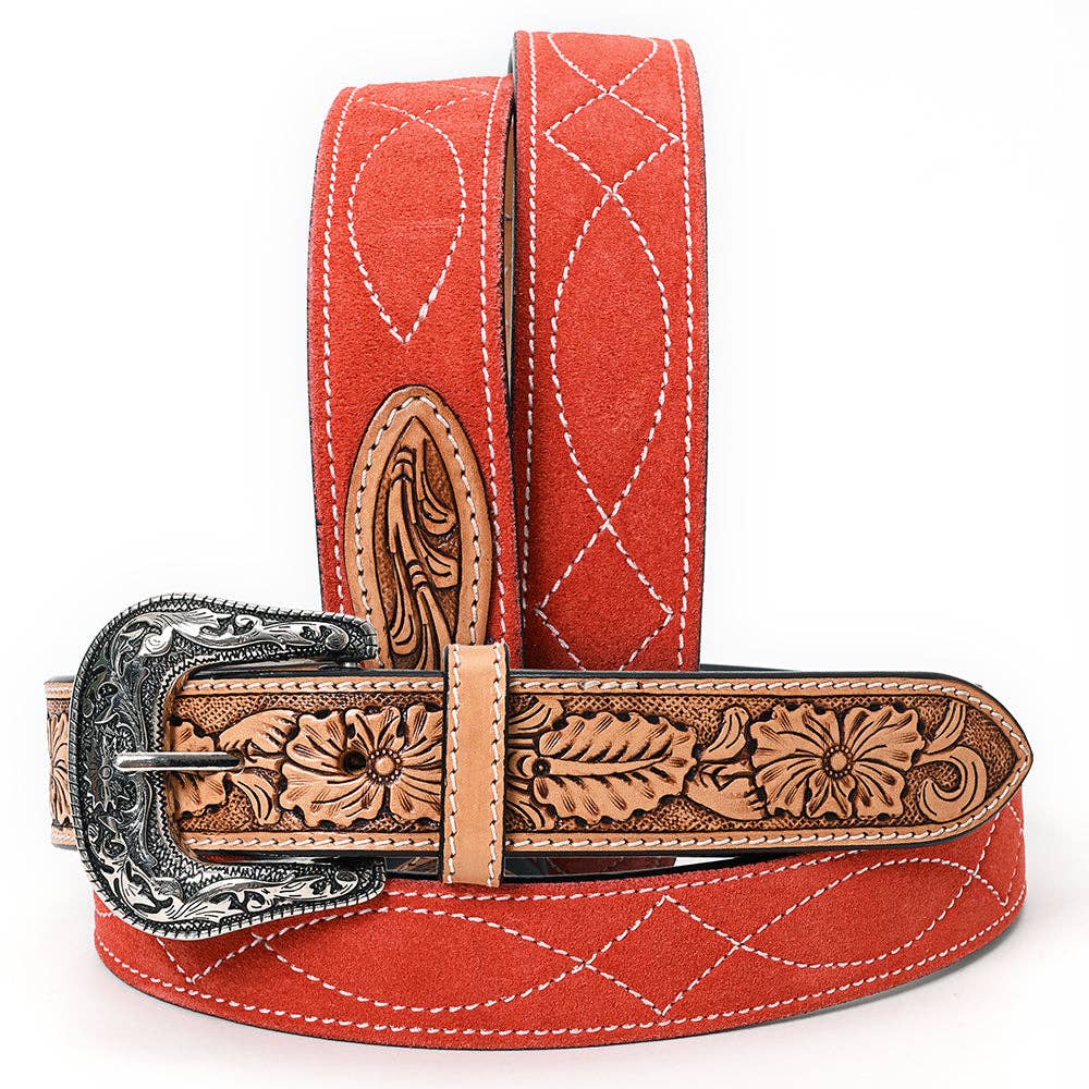 Tooled Leather Western Belt - Burnt Orange Genuine suede Back with Antique Silver Buckle