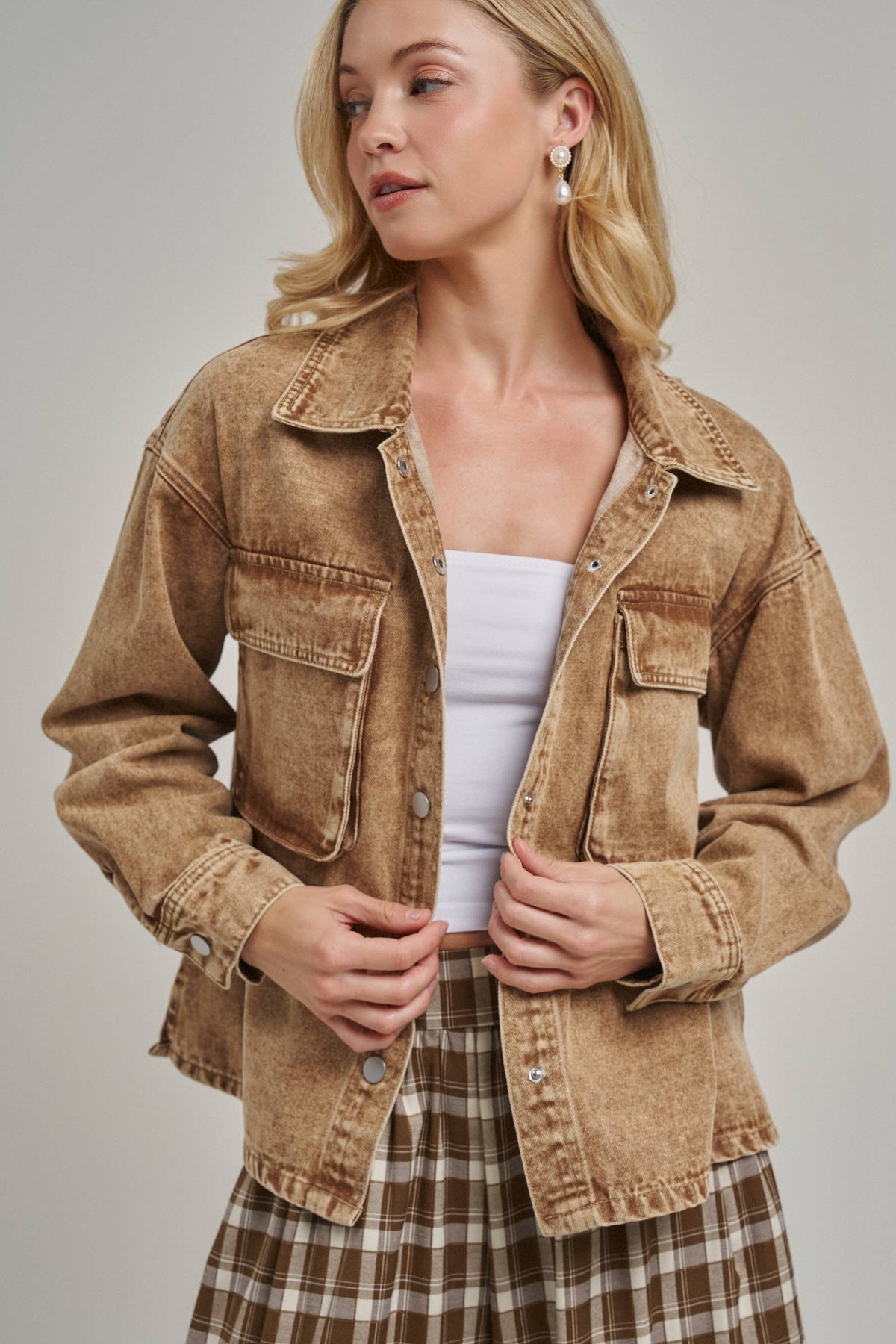 VINTAGE WASHED WESTERN INSPIRED SHACKET _JLT00321-03: VINTAGE TAUPE / S-M-L(2-2-2)