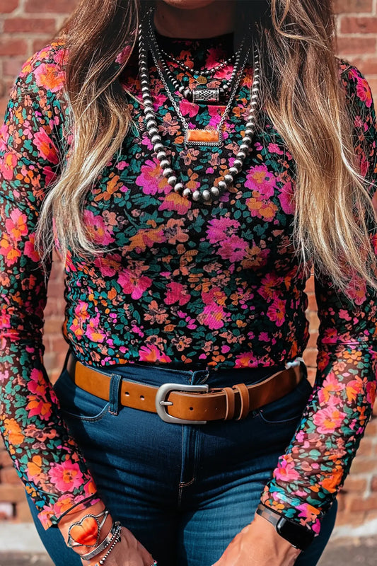 Plus Size Vintage Floral Print Mesh Long Sleeve Top: Rose / XL