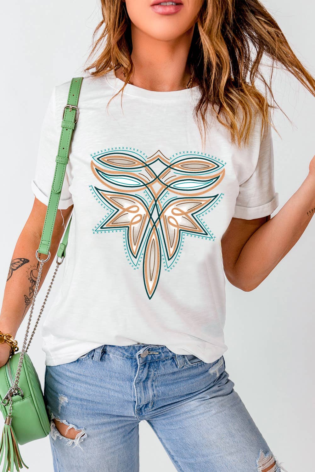 White Western Stitch Pattern Printed Cotton Blend Tee: White / L