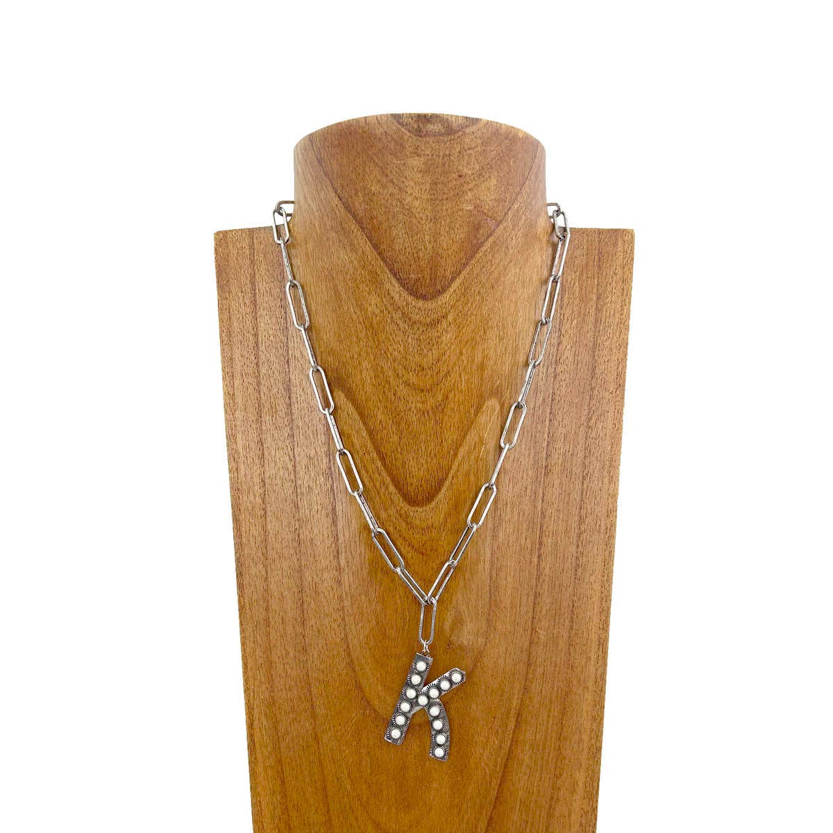 NKZ231125K-01              20 inches silver metal chain with blue turquoise stone letter K Necklace: BLUE