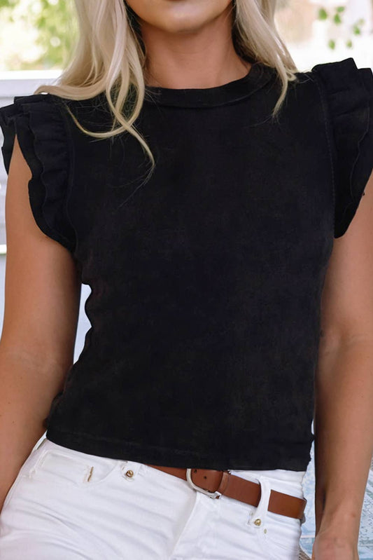 LDC Ruffled Crew Neck Slim Fit Top: Black / L