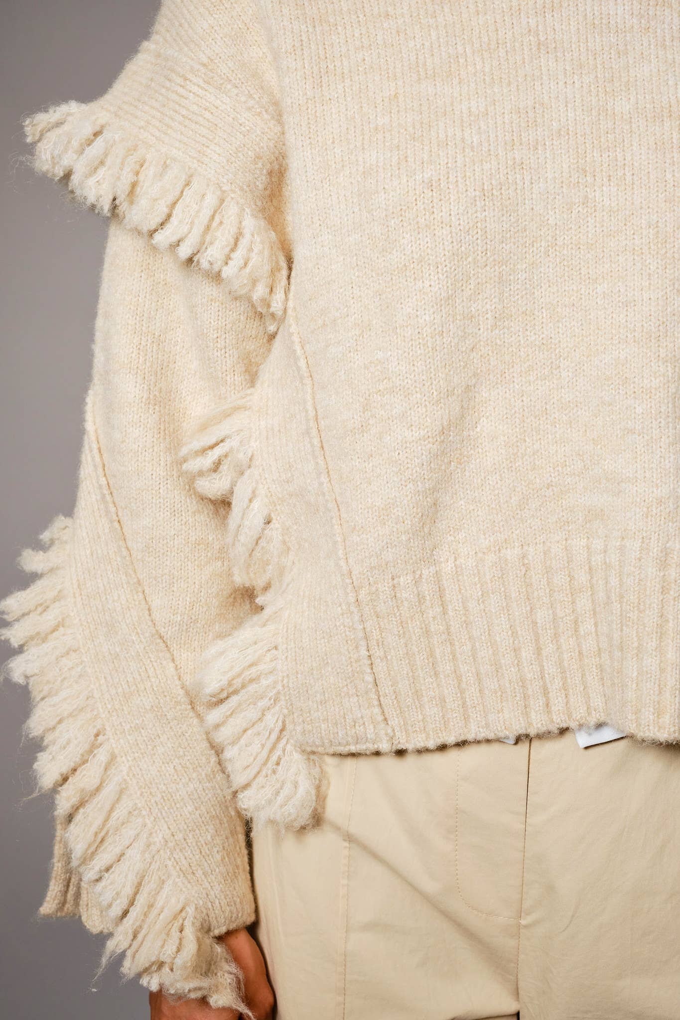 Montana-Fringe Detail Pullover Sweater: TAUPE