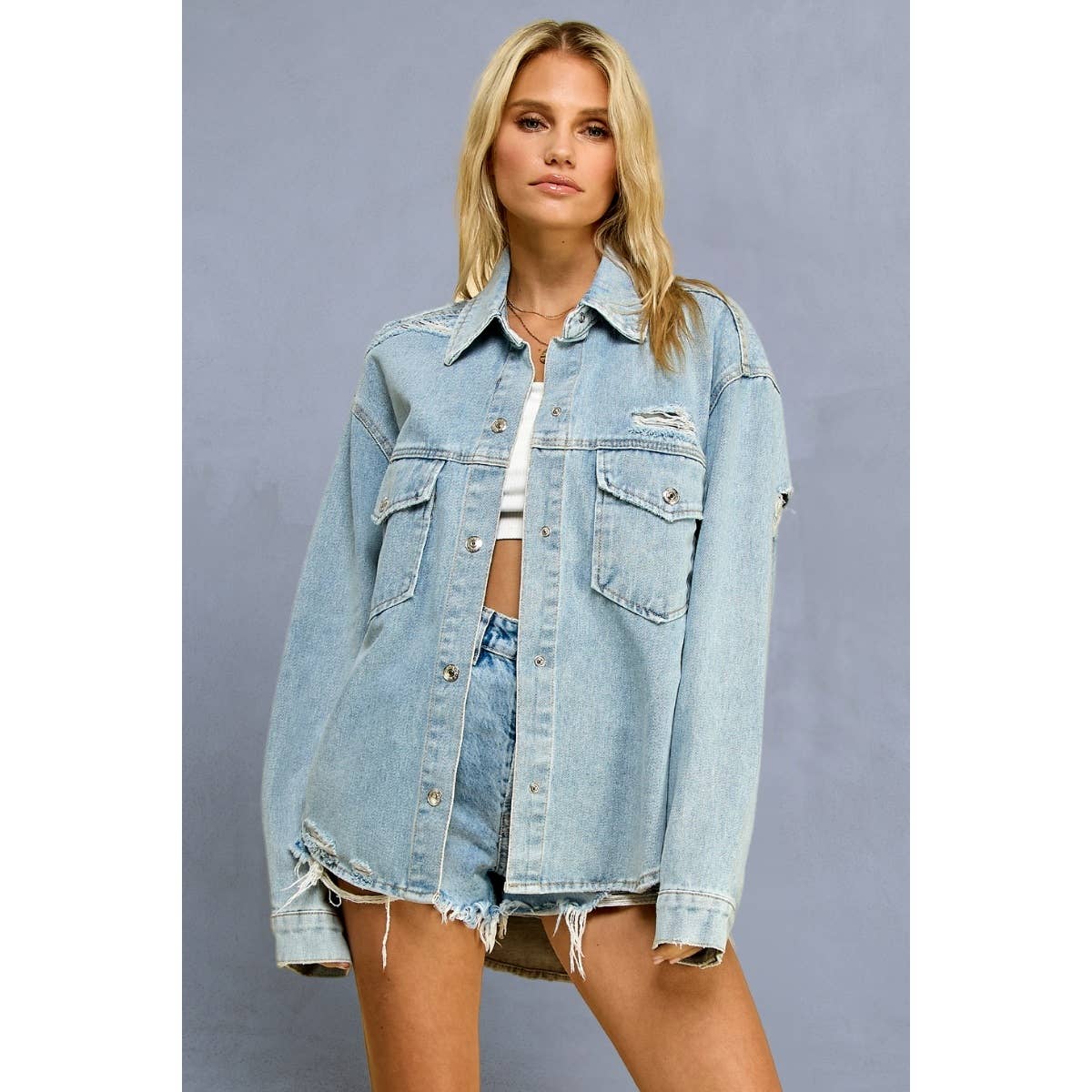 Distressed Washed Denim Jacket: Medium Wash