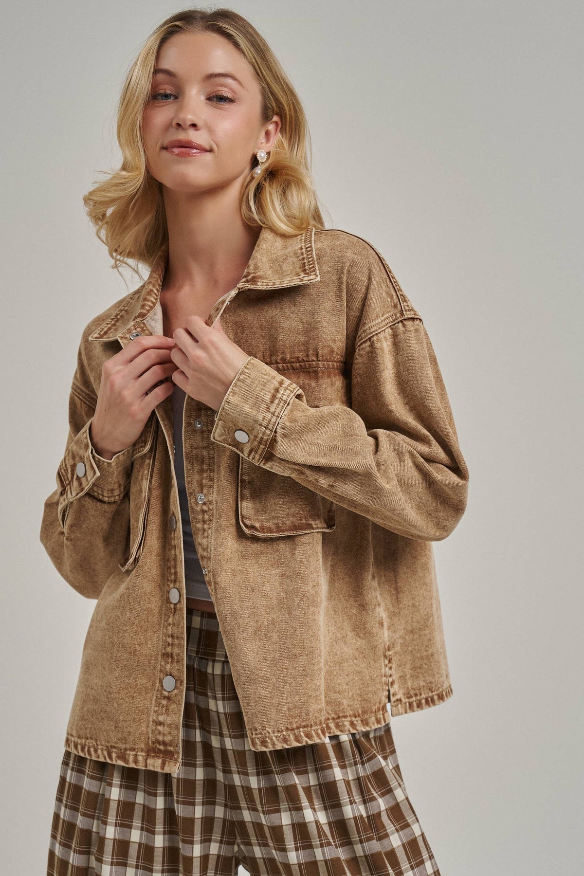 VINTAGE WASHED WESTERN INSPIRED SHACKET _JLT00321-03: VINTAGE TAUPE / S-M-L(2-2-2)