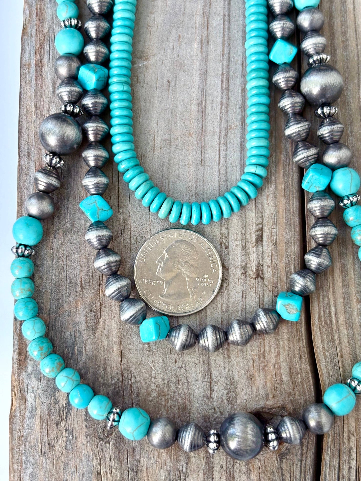 3 Layered Western Navajo Pearl & Turquoise Stone Necklace