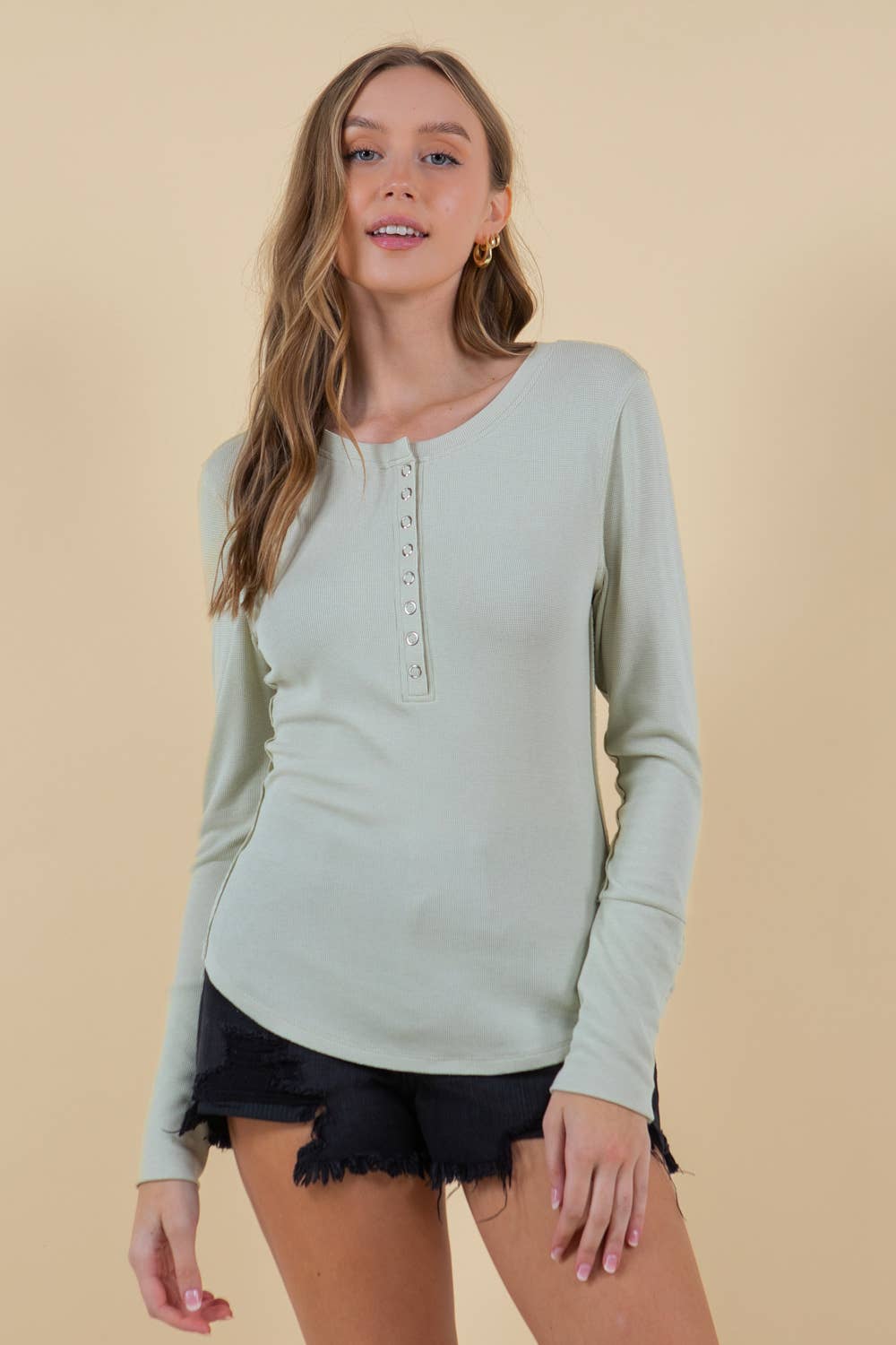 Soft Rib Exposed Seaming Long Sleeve Henley Top - PALE SAND