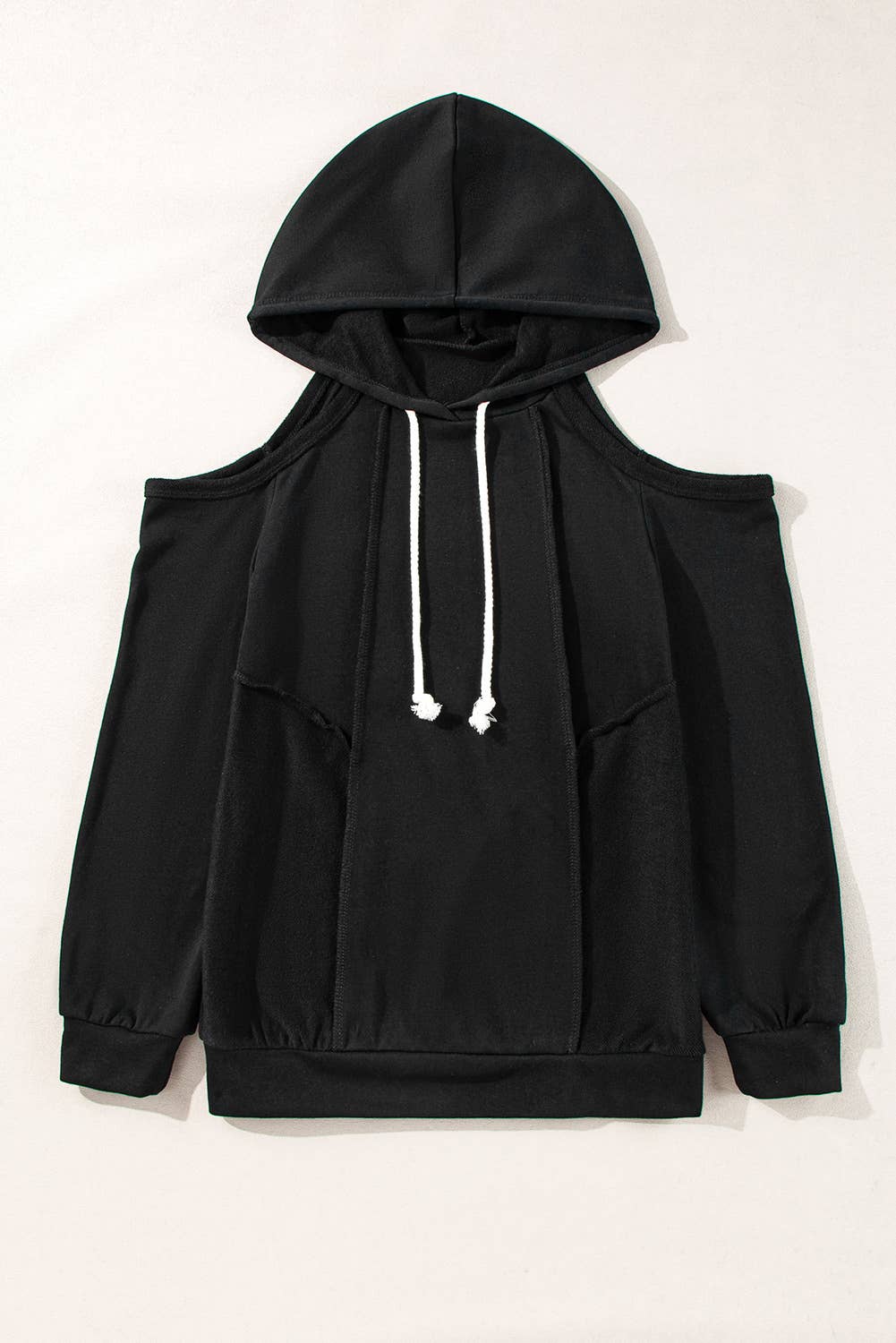 Exposed Seam Cold Shoulder Drawstring Hoodie: Brown / XL