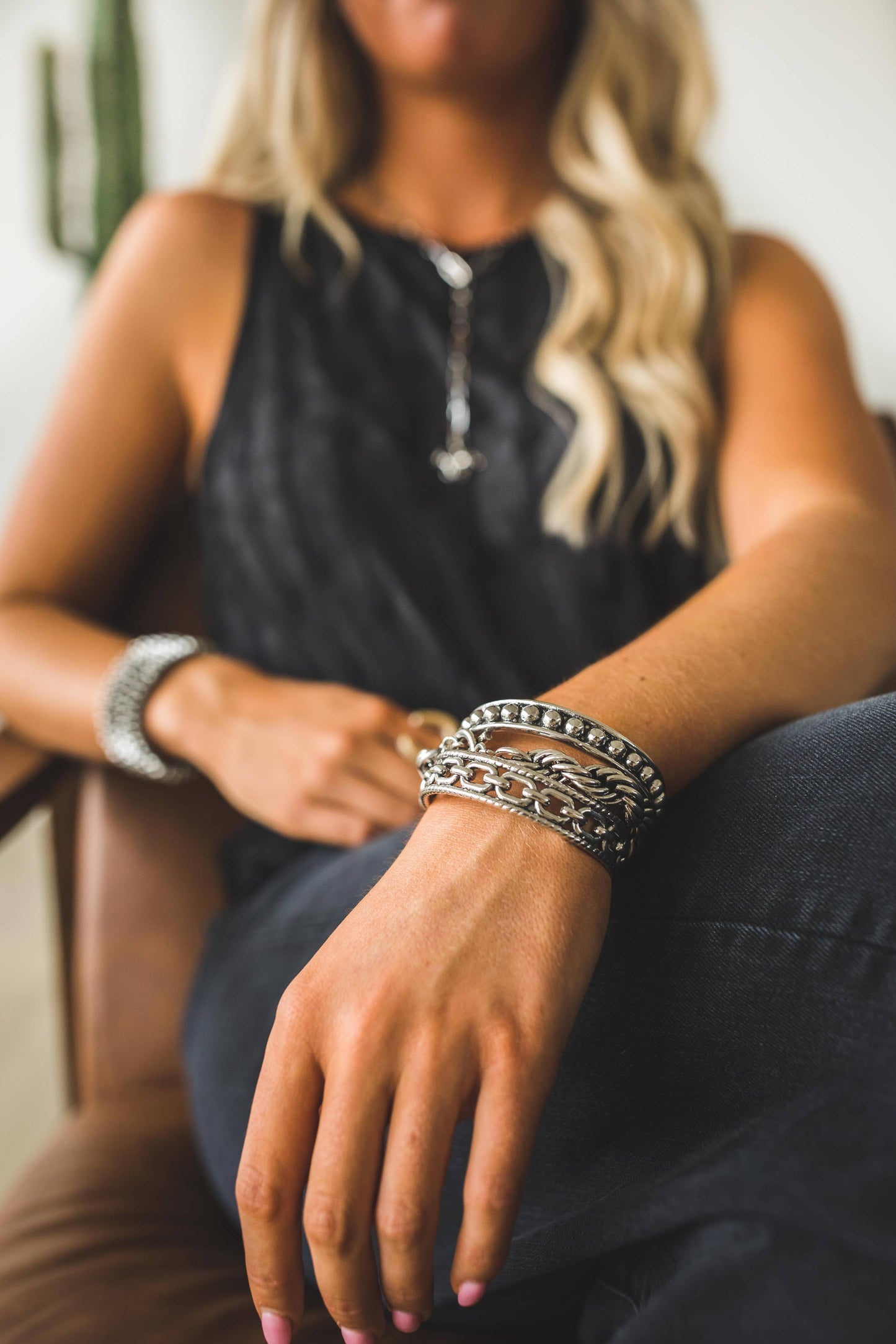 18K Gold Plated Rope and Chain Cuff Bracelet: Silver