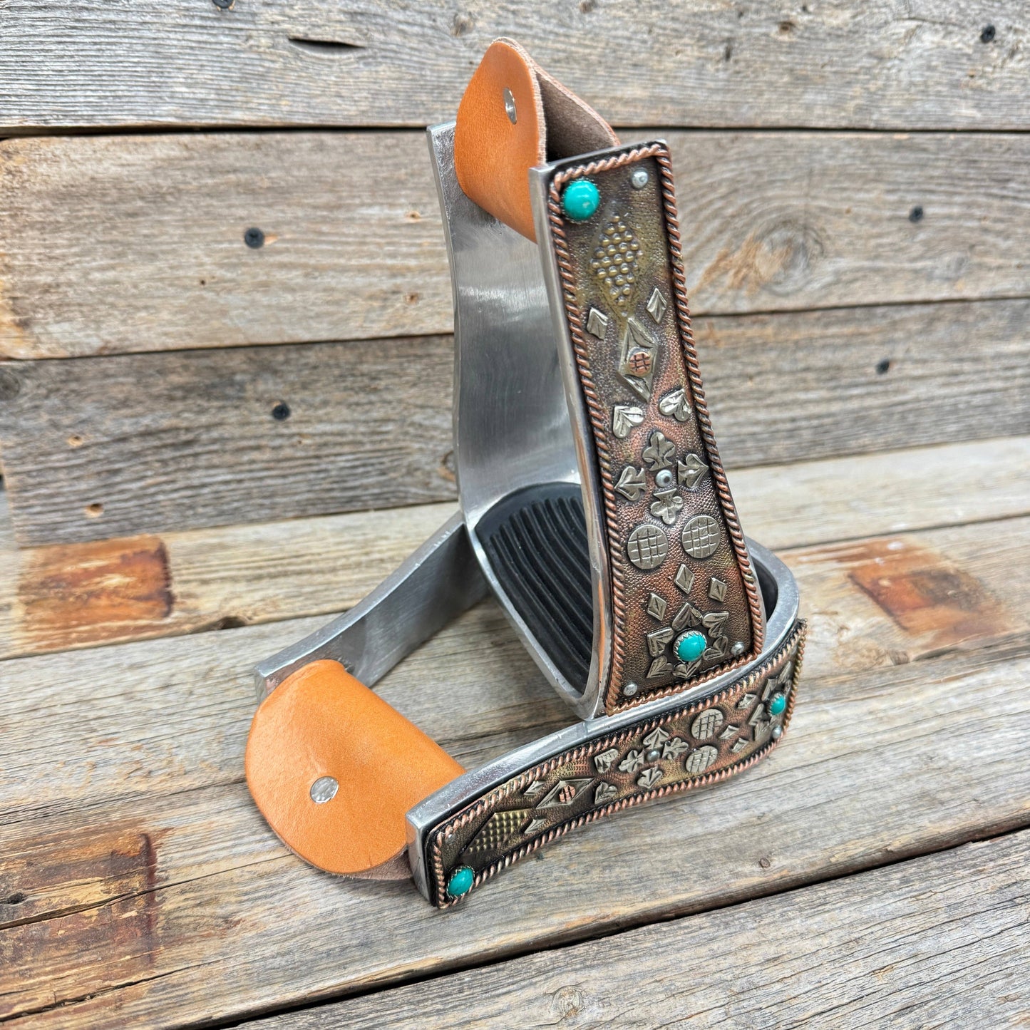 Hand Engraved Copper and Turquoise Barrel Racing Western Stirrups BRS100