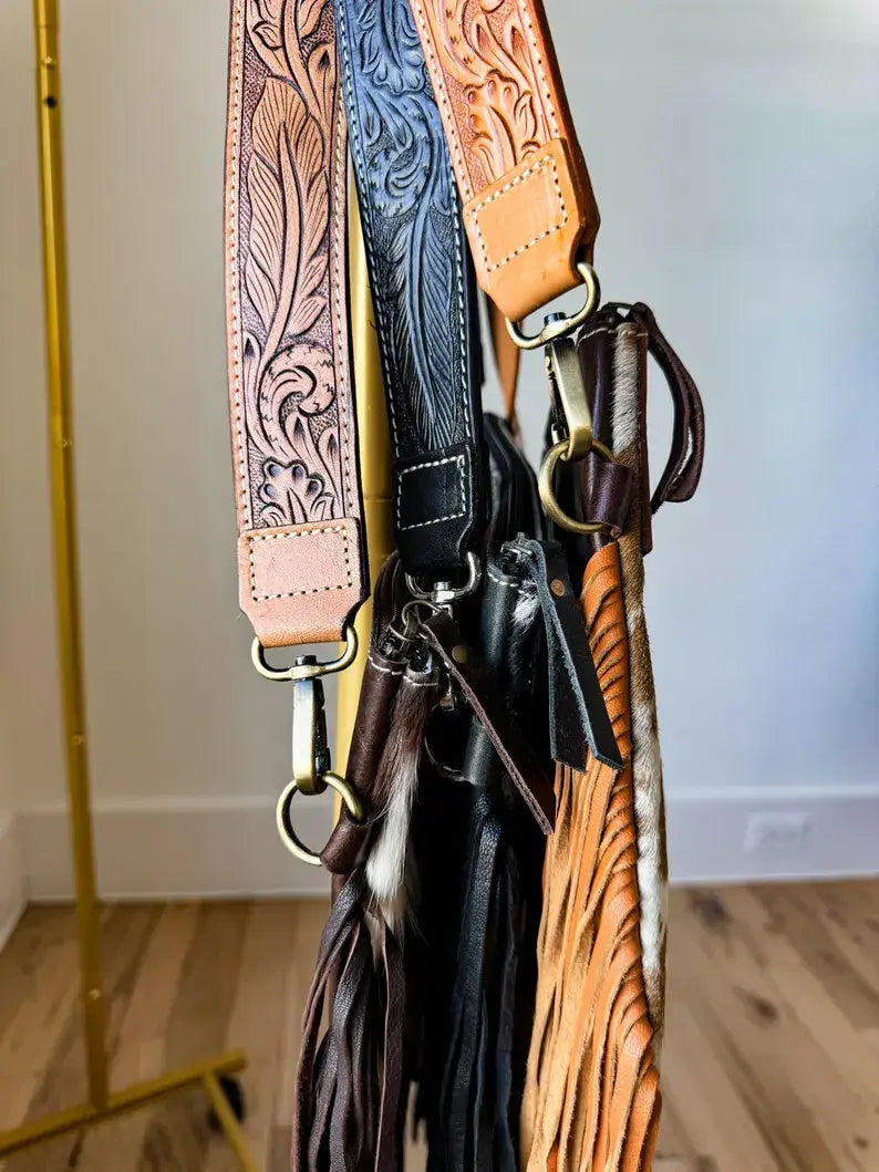 DIXIE CROSSBODY cowhide Western Tooled Leather fringe purse: BROWN + WHITE COWHIDE