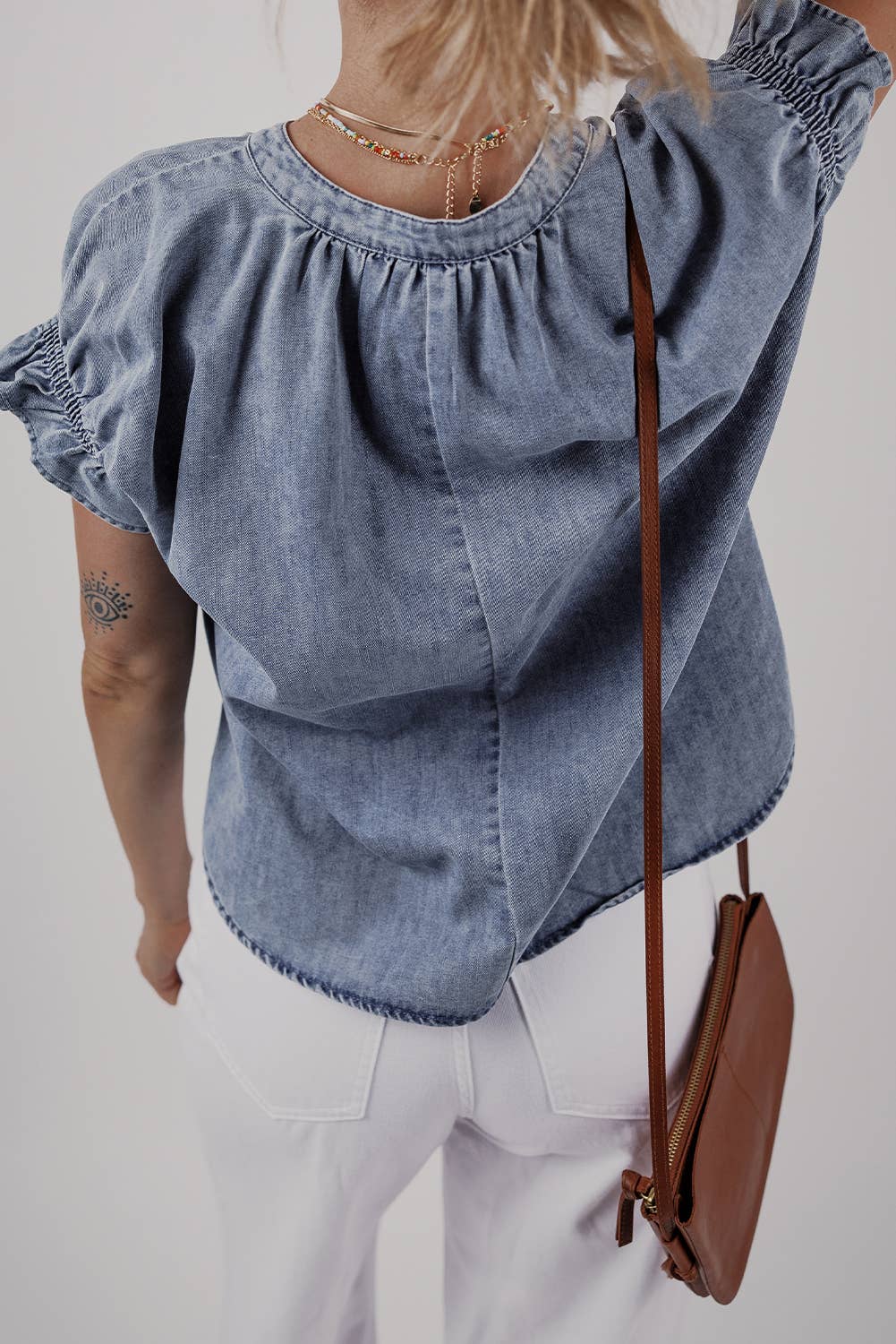 V Neck Ruffled Short Puff Sleeve Denim Top: Blue