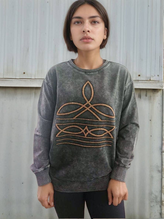 Sequin Boot Stitch Acid Washed Sweatshirt: Charcoal