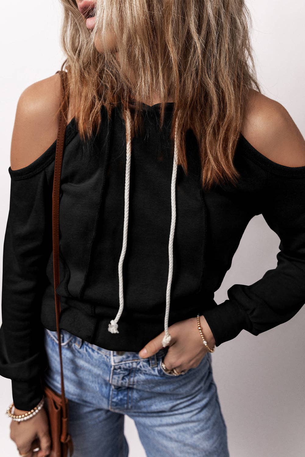 Solid Cold Shoulder Drawstring Hoodie: Cinnamon