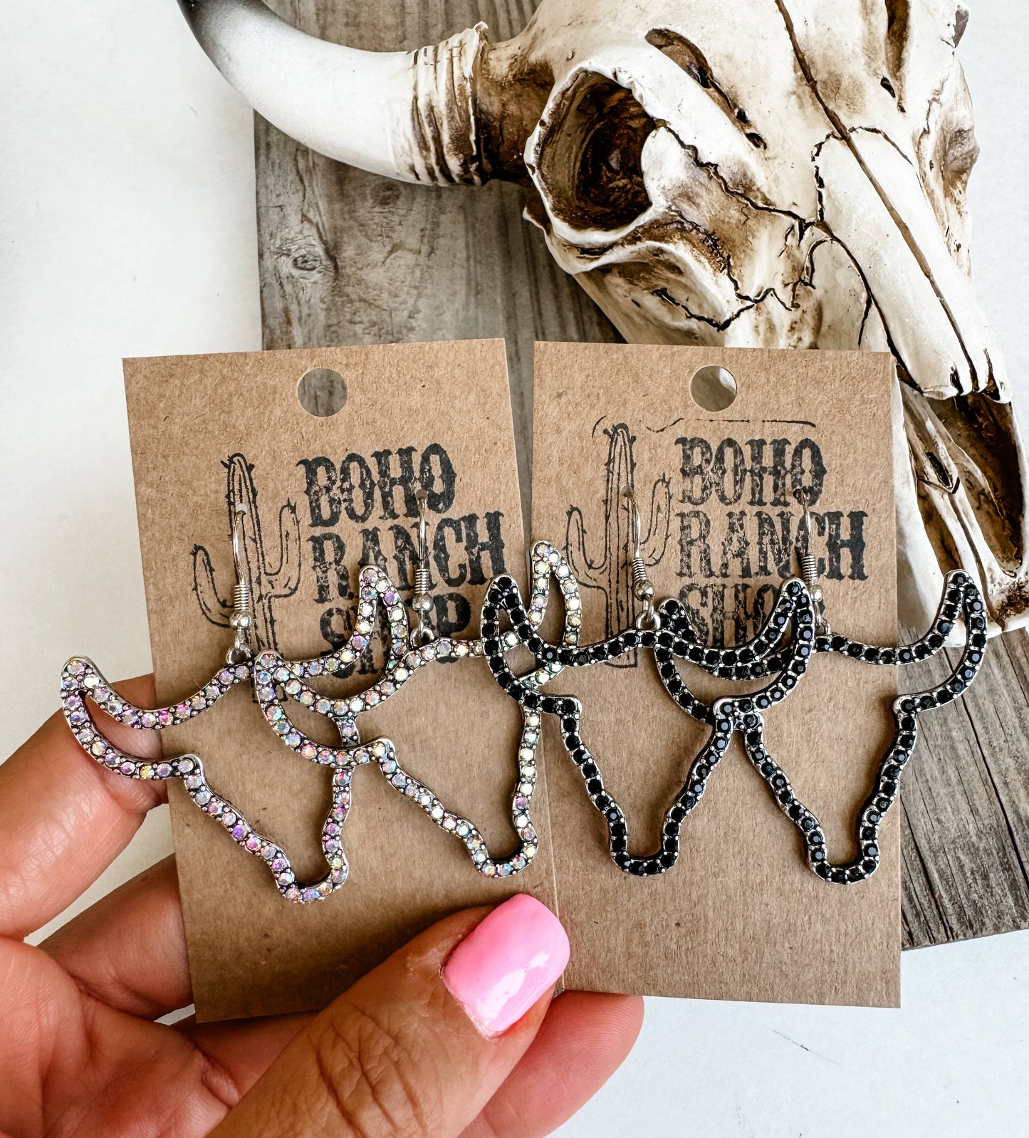 Rhinestone Steer Bull Head Earrings: BLACK