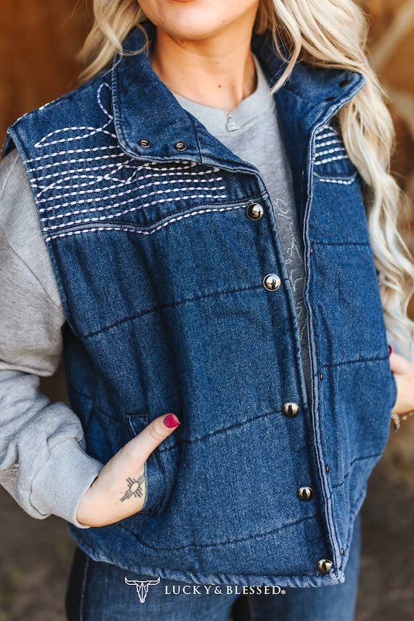Midwash Denim Puffer Studded Button Down Vest