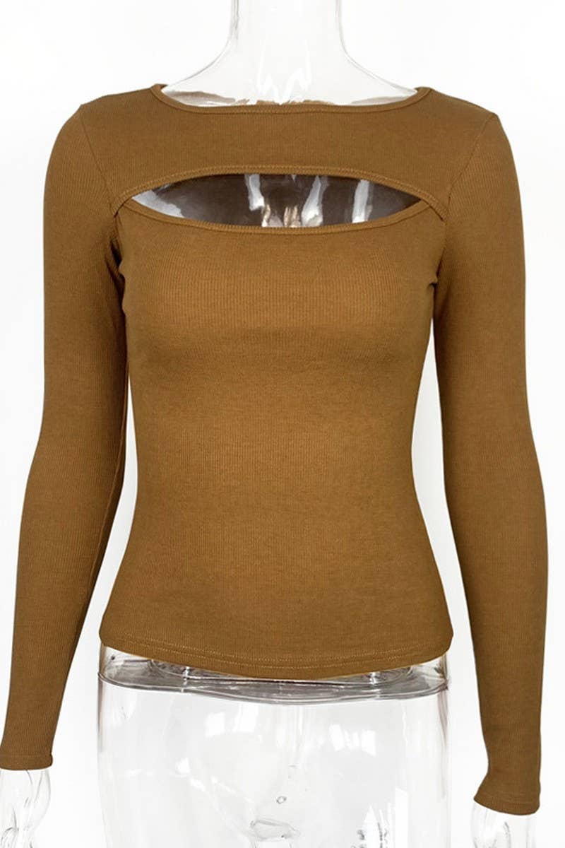 CWTBLL3780_RIBBED CUTOUT SLIM FIT LONG SLEEVE TOP: WHITE / (L) 1