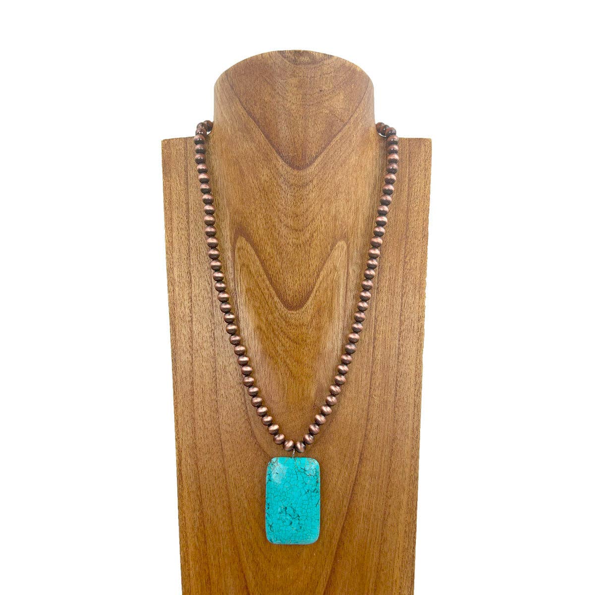 NKZ030524-01                         22 inches Silver Navajo pearl beads with large blue rectangle turquoise stone pendent Necklace: SILVER