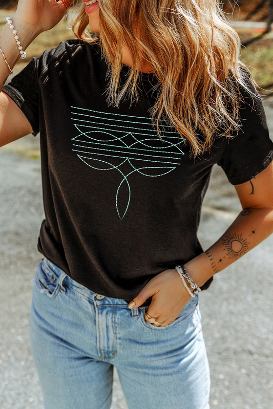 Black Western Fashion Boot Stitch T Shirt: Black / M