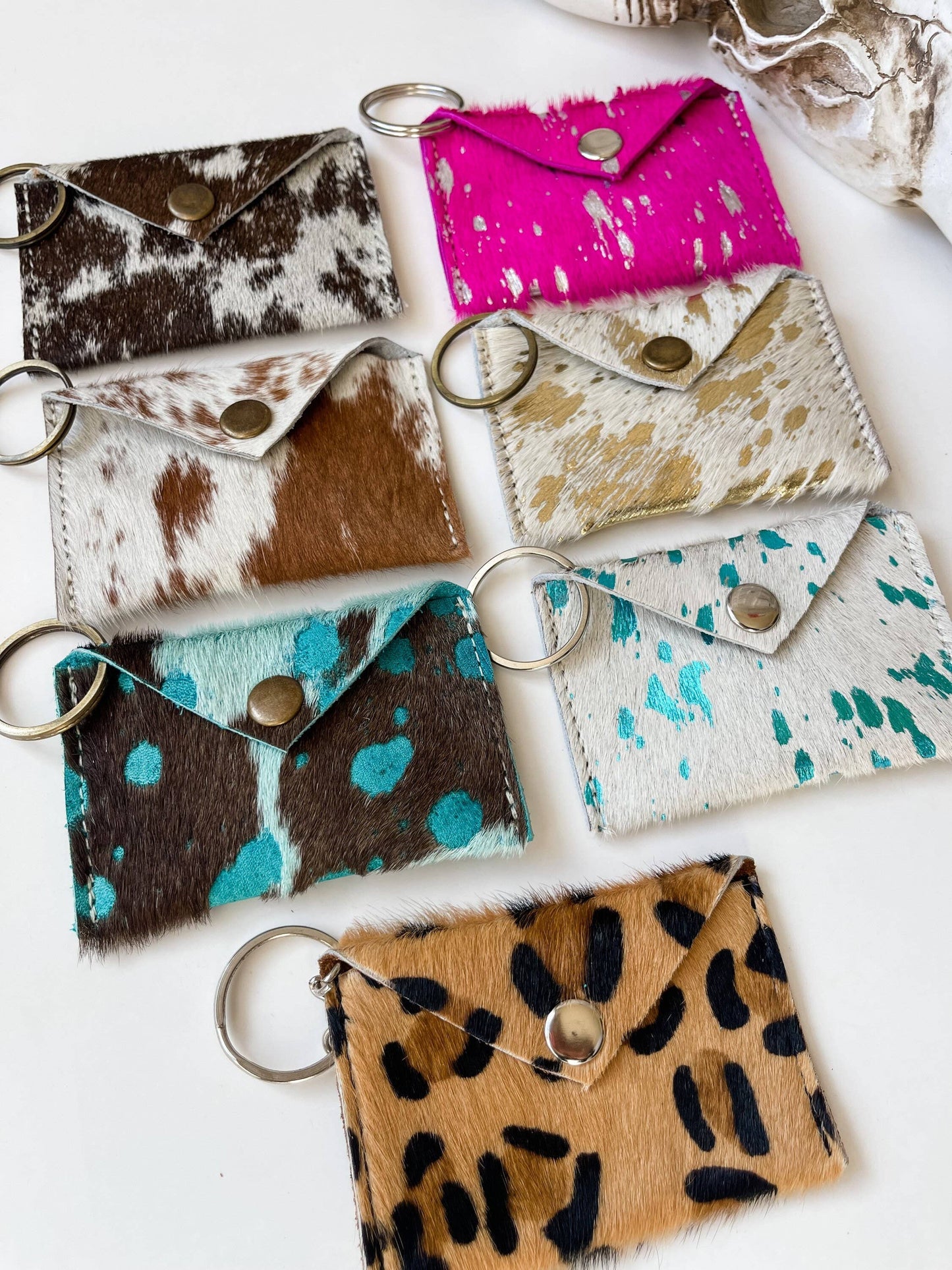 Cowhide Credit Card Holder Keychain - Gift Card holder: Tan + White