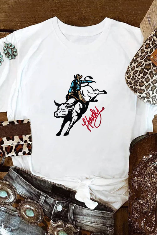 Cowboy Howdy Embroidered Western Fashion T Shirt: White