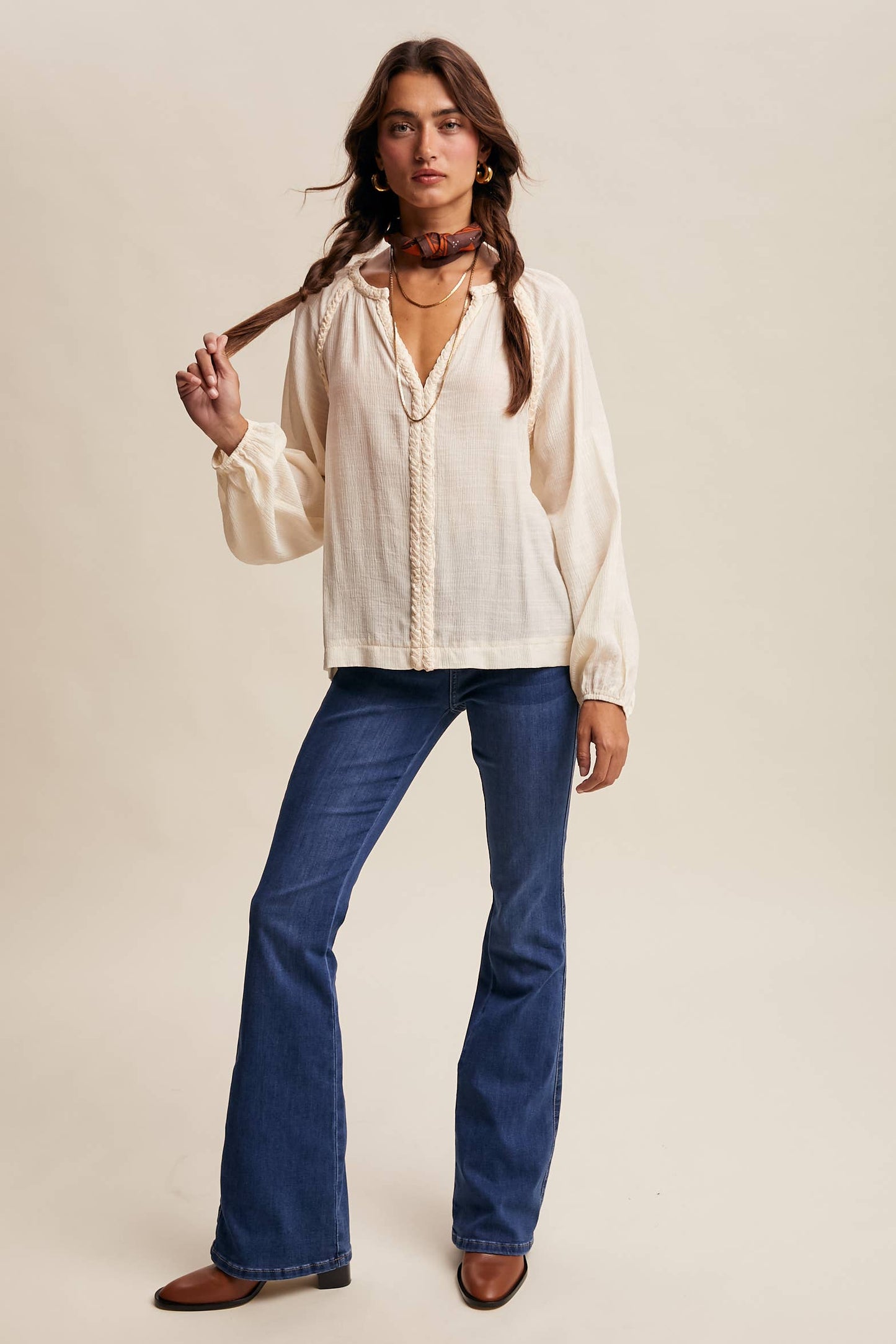 Braided Trim Peasant Blouse LT1447: Ecru / Contemporary / S
