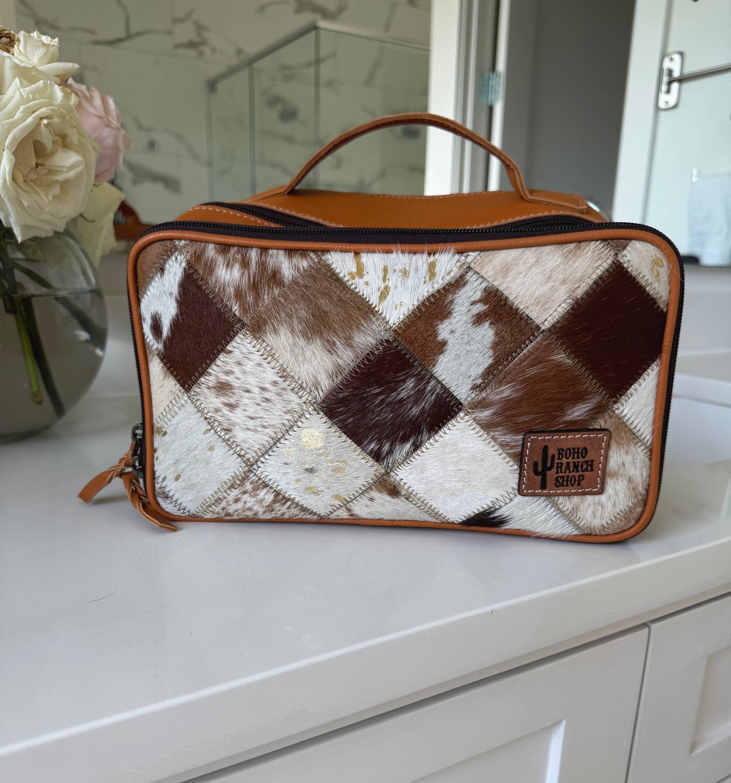 COWHIDE COSMETICS TRAVEL bag Genuine Hair On Leather makeup: BLACK + WHITE COWHIDE