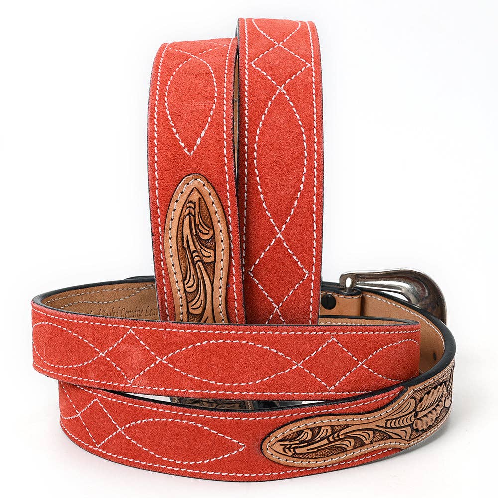 Tooled Leather Western Belt - Burnt Orange Genuine suede Back with Antique Silver Buckle