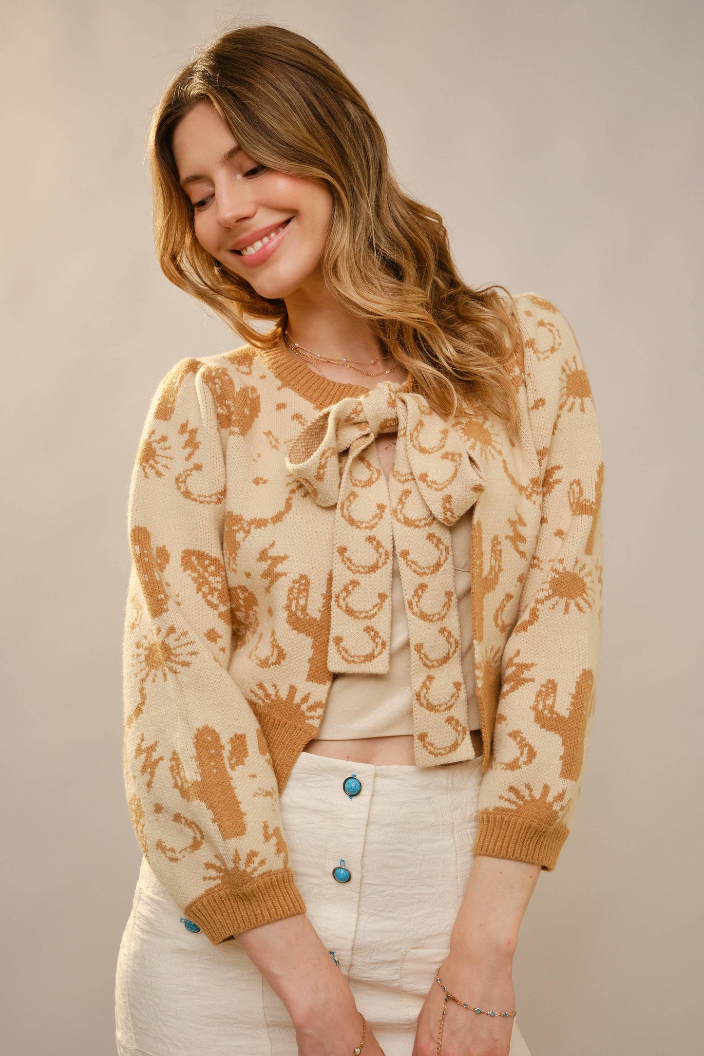 Western Motif Tie Front Cardigan: TAUPE
