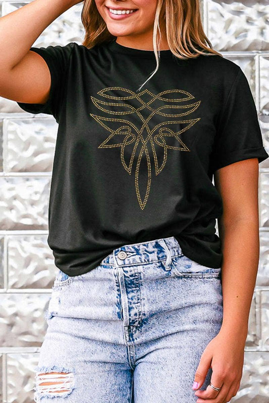 Rhinestone Western Pattern Cotton Blend Graphic T Shirt: Black / L