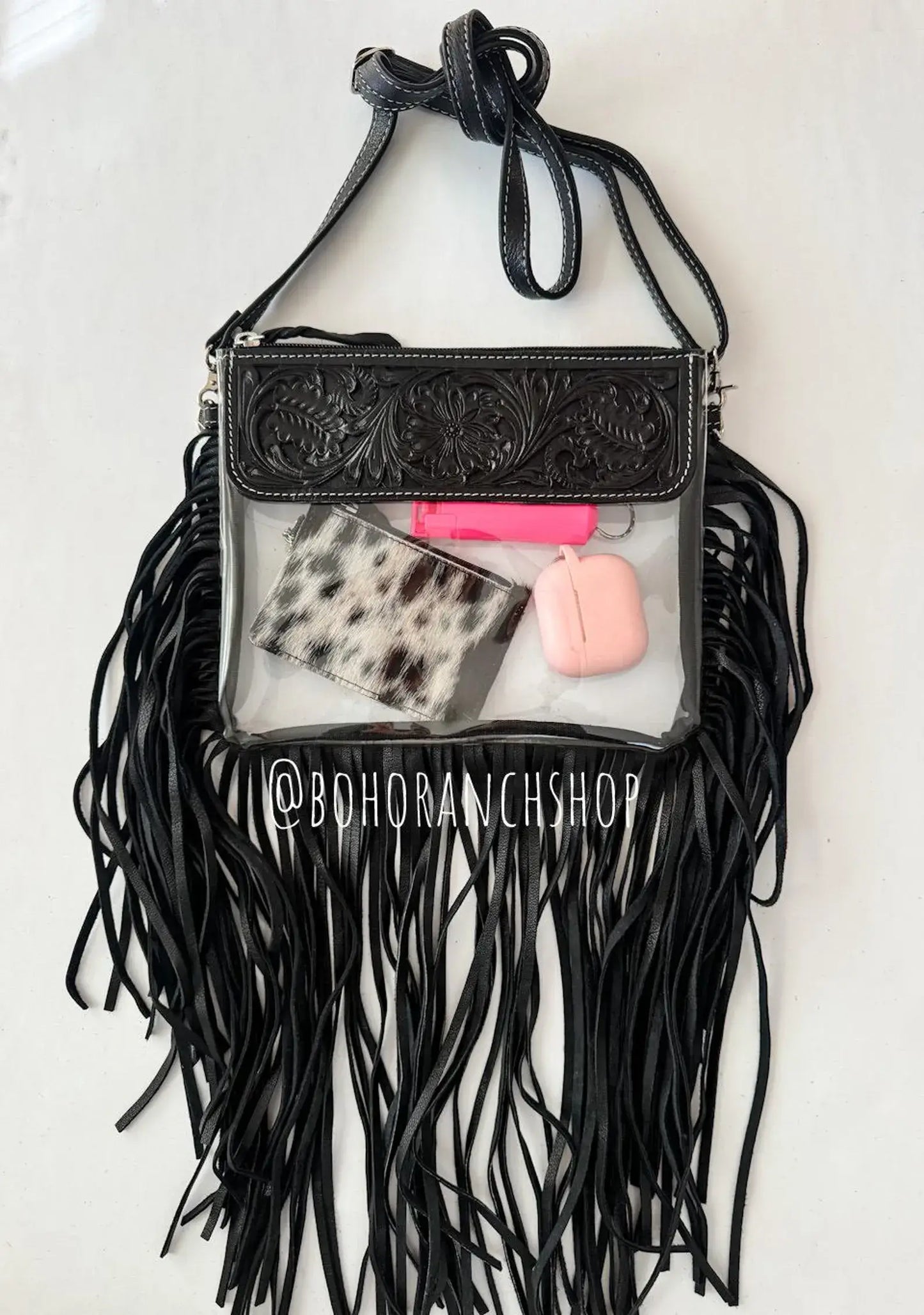 Hand Tooled Clear Purse Crossbody - Concert Game Day Stadium: WHITE/ BLACK