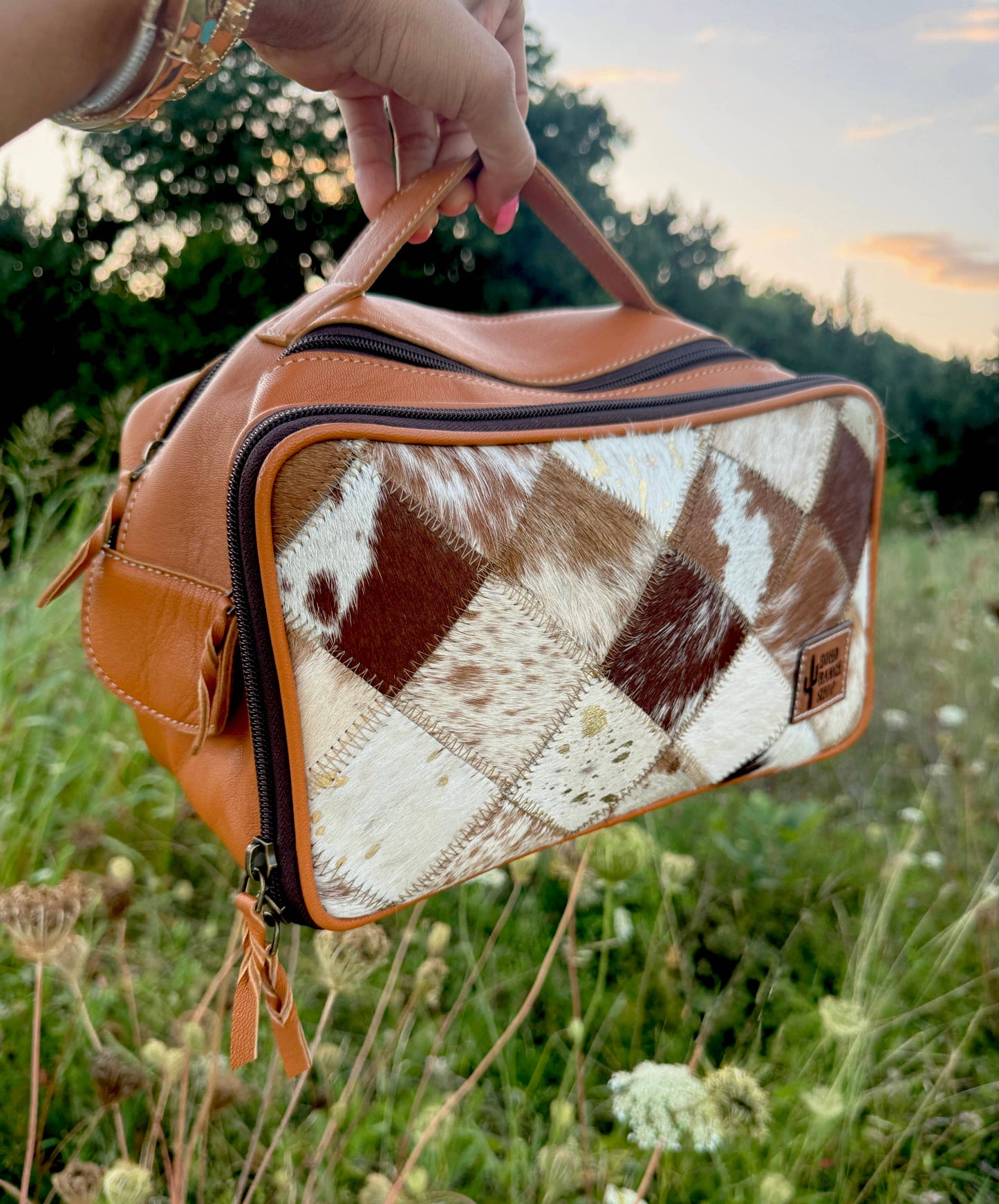 COWHIDE COSMETICS TRAVEL bag Genuine Hair On Leather makeup: BLACK + WHITE COWHIDE