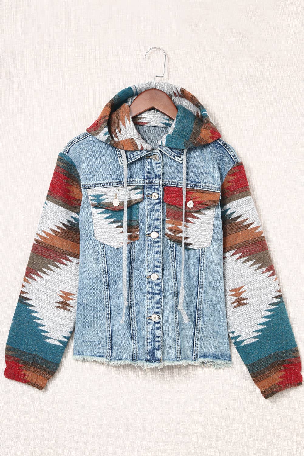 Multicolor Print Frayed Hem Denim Jacket: Blue / M