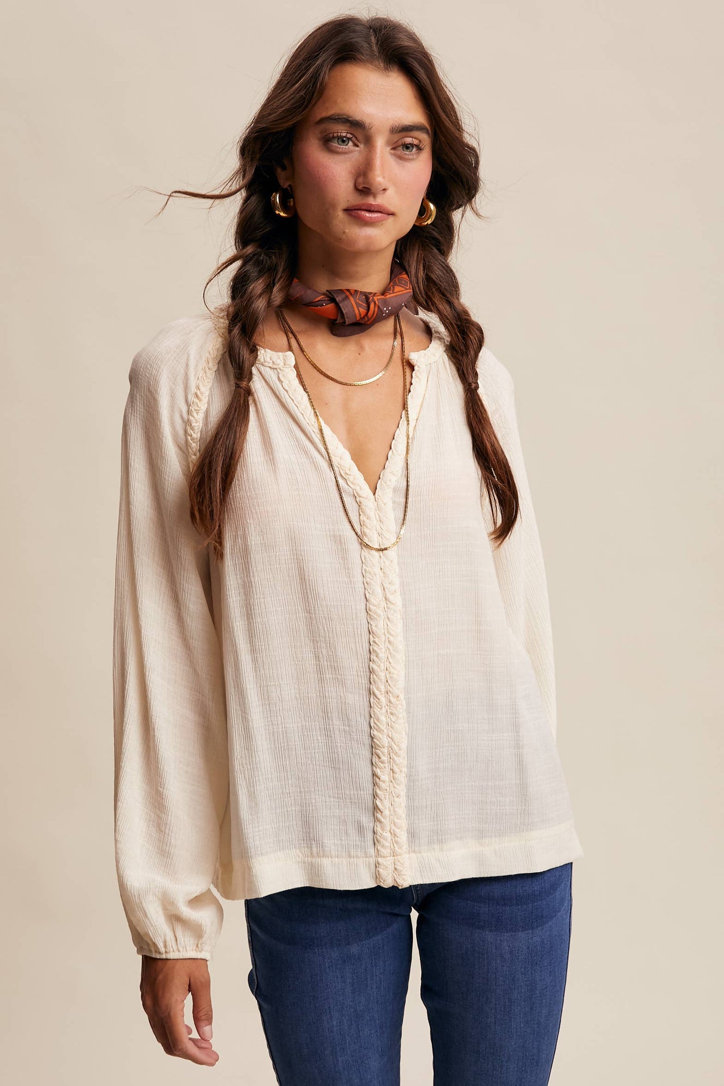 Braided Trim Peasant Blouse LT1447: Ecru / Contemporary / S
