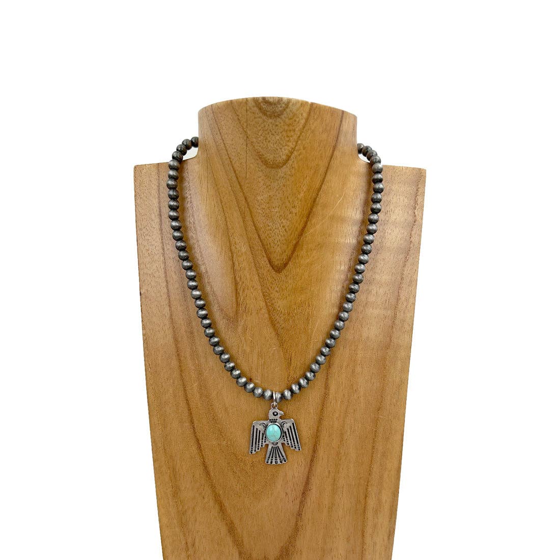NKZ230830-02     17 inches 6mm silver Navajo pearl beads with small metal eagle cross Necklace