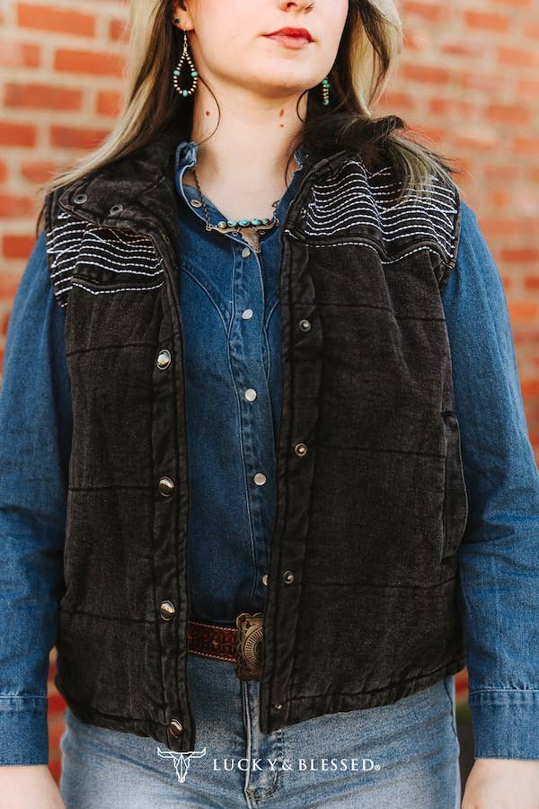 Black Denim Puffer Studded Embroidered Vest
