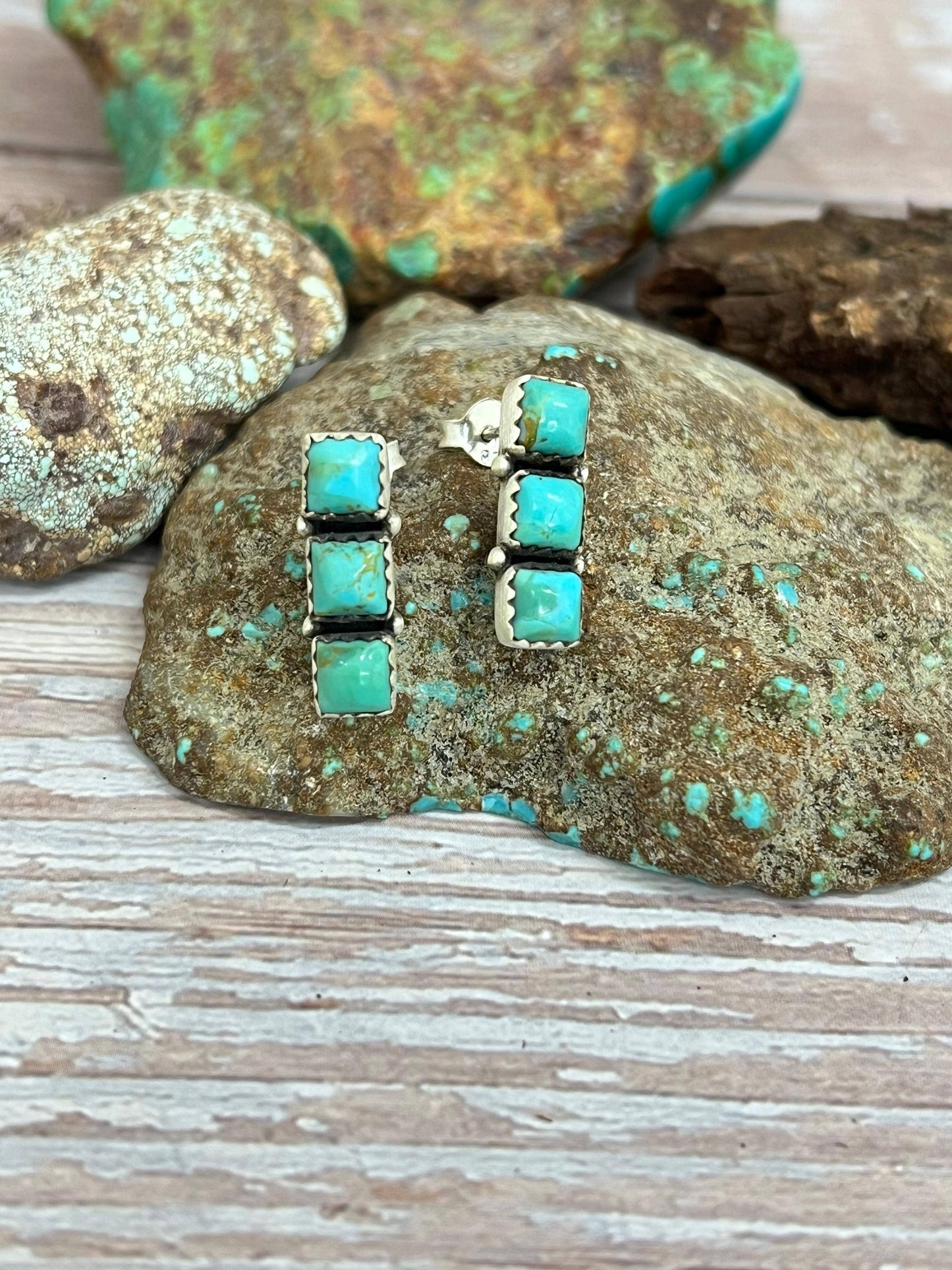 Handmade Sterling Silver Kingman Turquoise Post Studs with Signed Nizhoni: Kingman Turquoise / Studs
